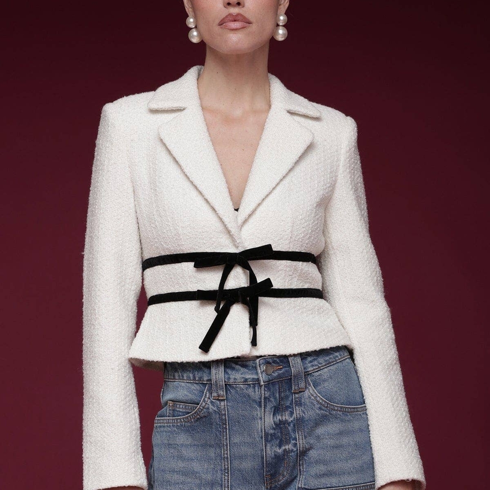 Avec Les Filles White Bouclé Blazer with Black Velvet Ribbon Accents Size S
